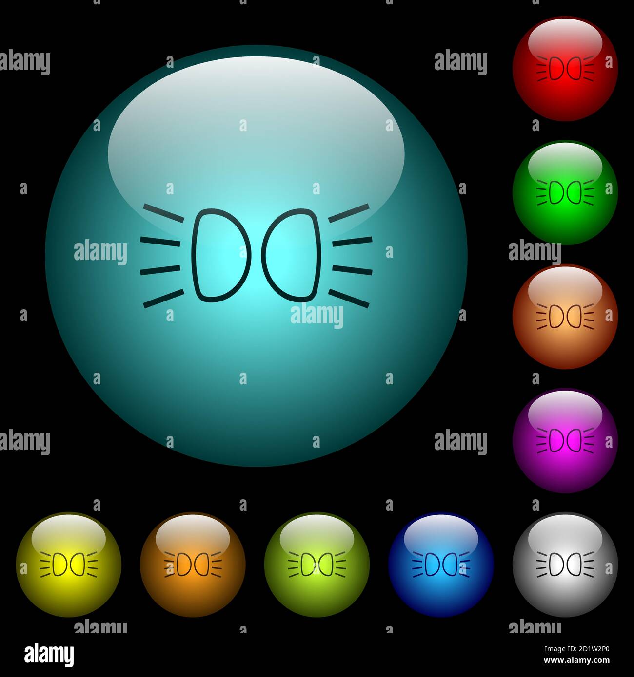 Car parking lights indicator icons in color illuminated spherical glass buttons on black