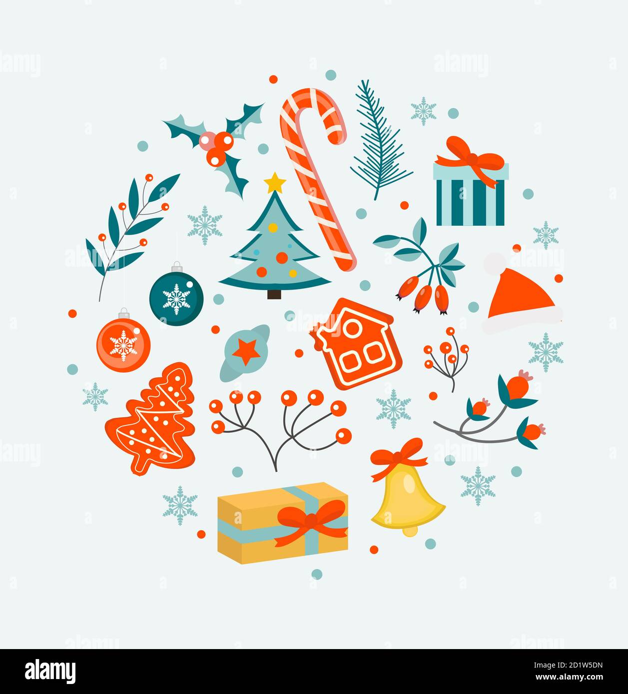 Merry christmas winter objects set. Collection of design elements with holly, poinsettia, fir branch, pine, bell, gifts, santa hat in round shape Stock Vector