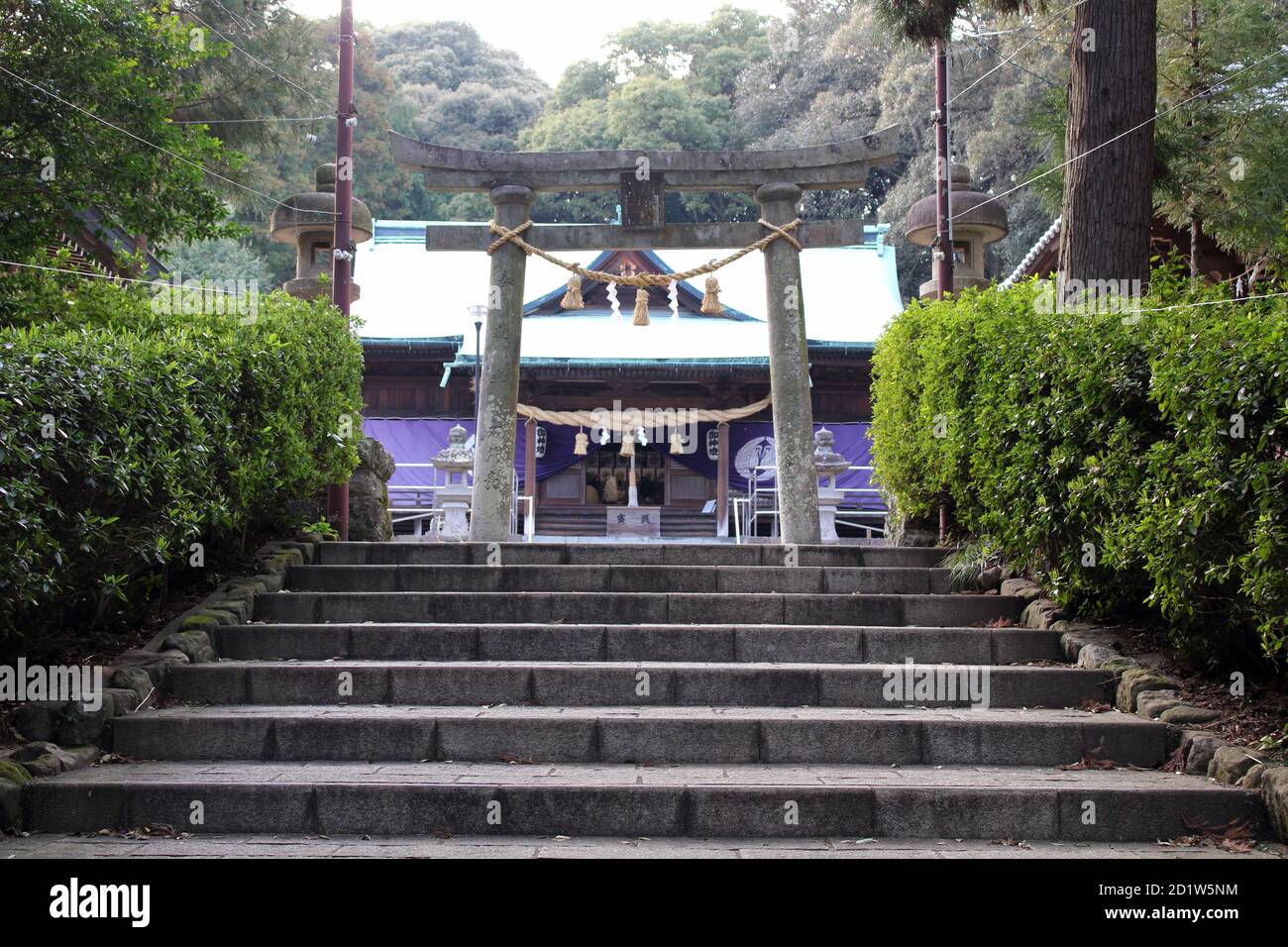 Stairs and torii gate of Honoohonome Jinja Shrine in Beppu. Taken in ...