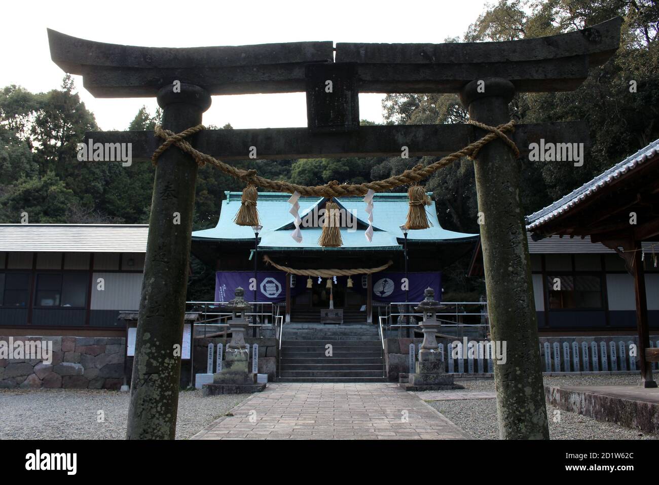 Torii gate and main temple of Honoohonome Jinja Shrine in Beppu. Taken ...