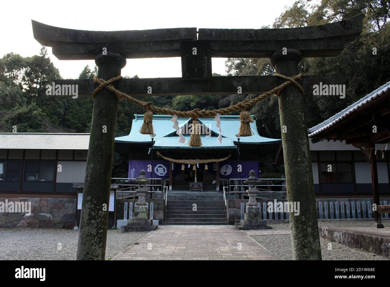 Torii gate and main temple of Honoohonome Jinja Shrine in Beppu. Taken ...
