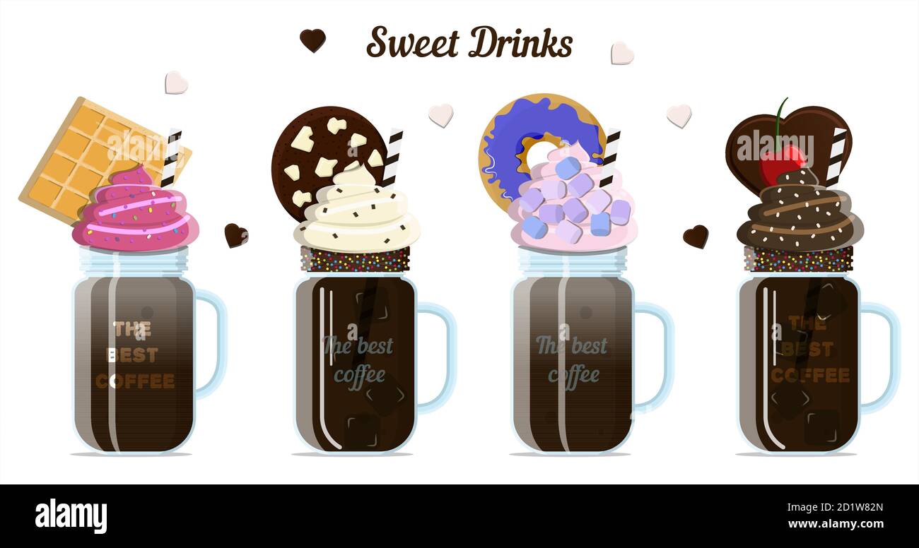 A set of milk and coffee cocktails with toppings, cream, whipped cream, cookies and marshmallows. Vector illustration of flat mugs for cold coffee, smoothies and milkshakes. Children s sweet drink with pastries, sugar sprinkles, syrup and berries. Coffee with a trace for summer parties, bar or on vacation. Shakes on white background Stock Vector