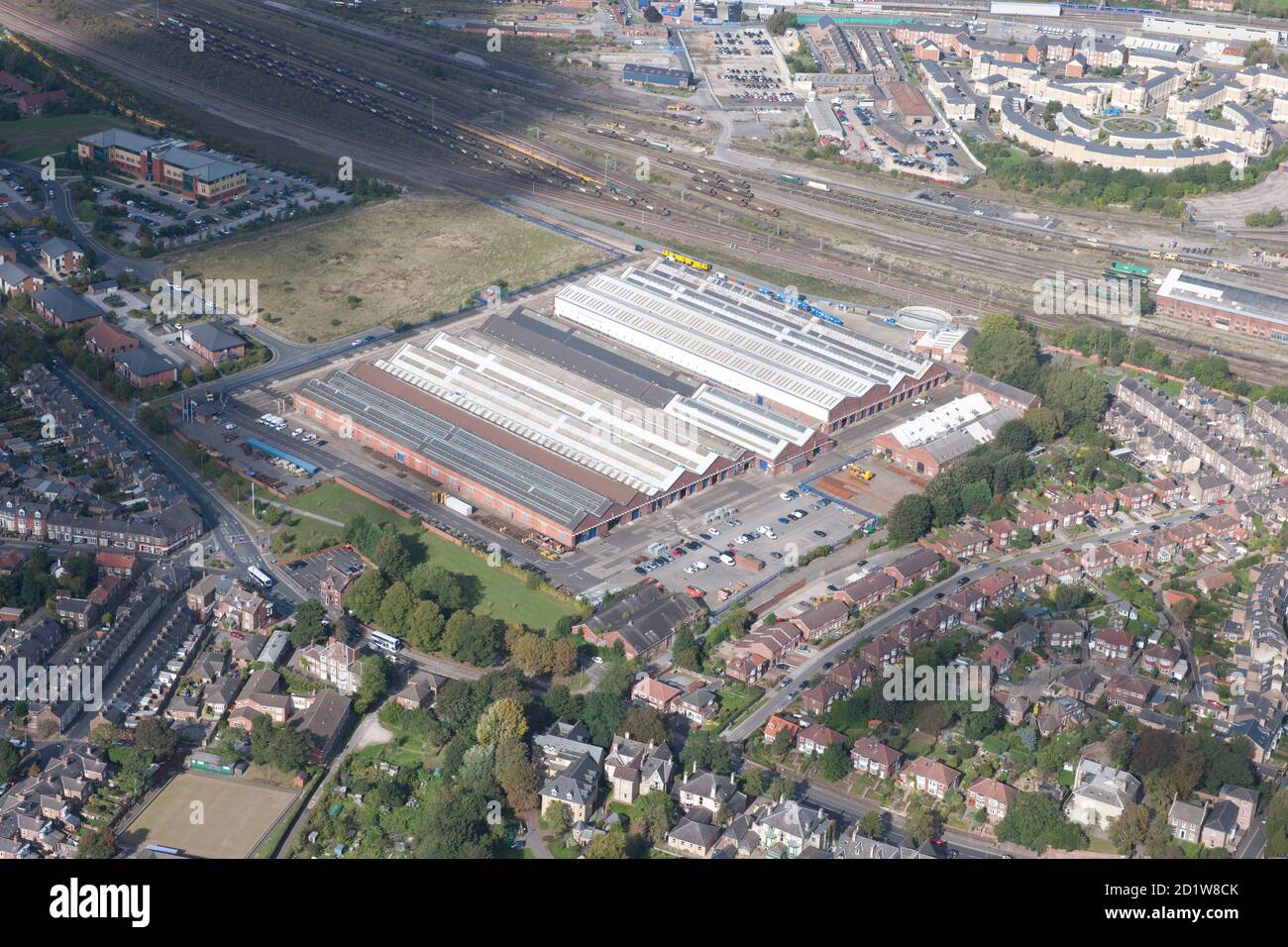 Holgate Road carriage works, York. Aerial view. Stock Photo