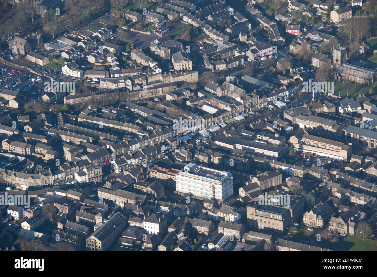 The town centre and high street, Skipton, North Yorkshire. Aerial view. Stock Photo