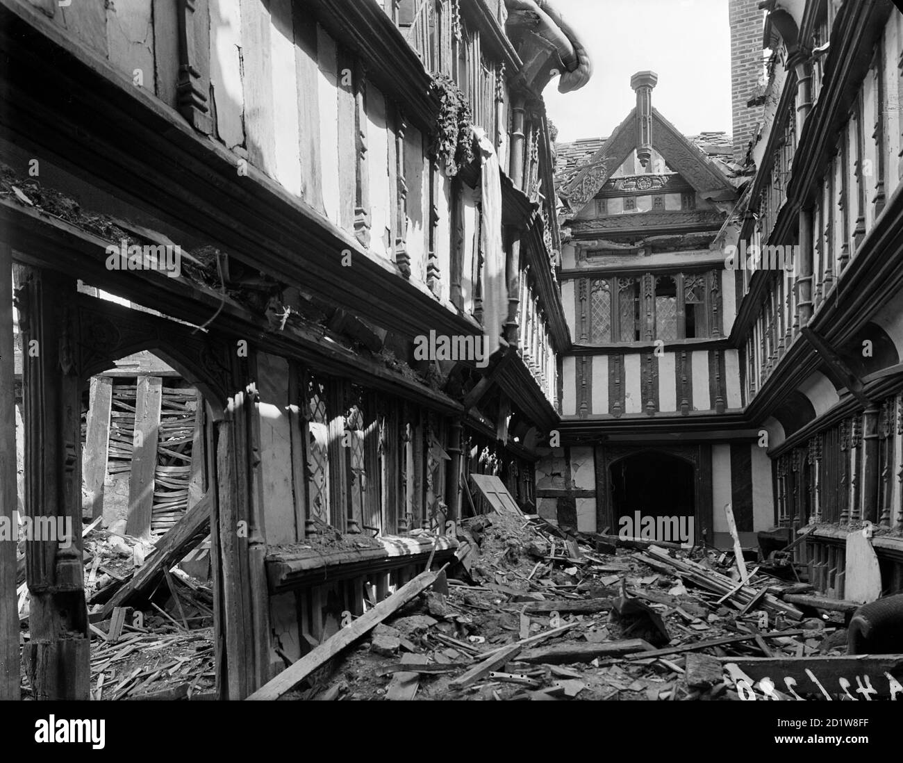 View showing bomb damage to the 16th century Ford's Hospital from the night of 14th October 1940. Stock Photo