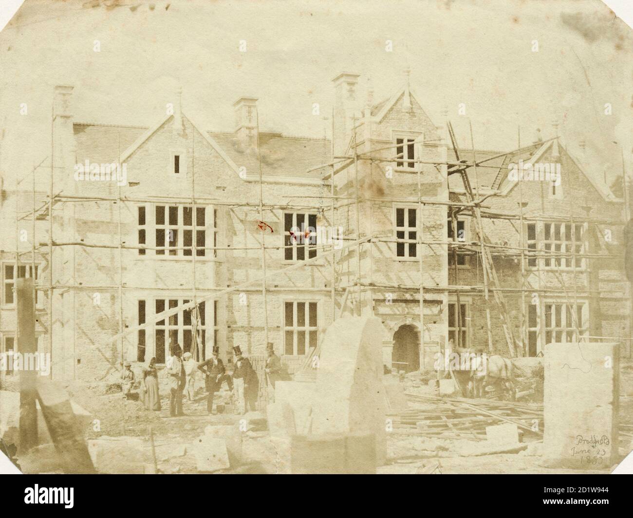 Salt Paper print showing south front of Bradfield House under construction. Stock Photo