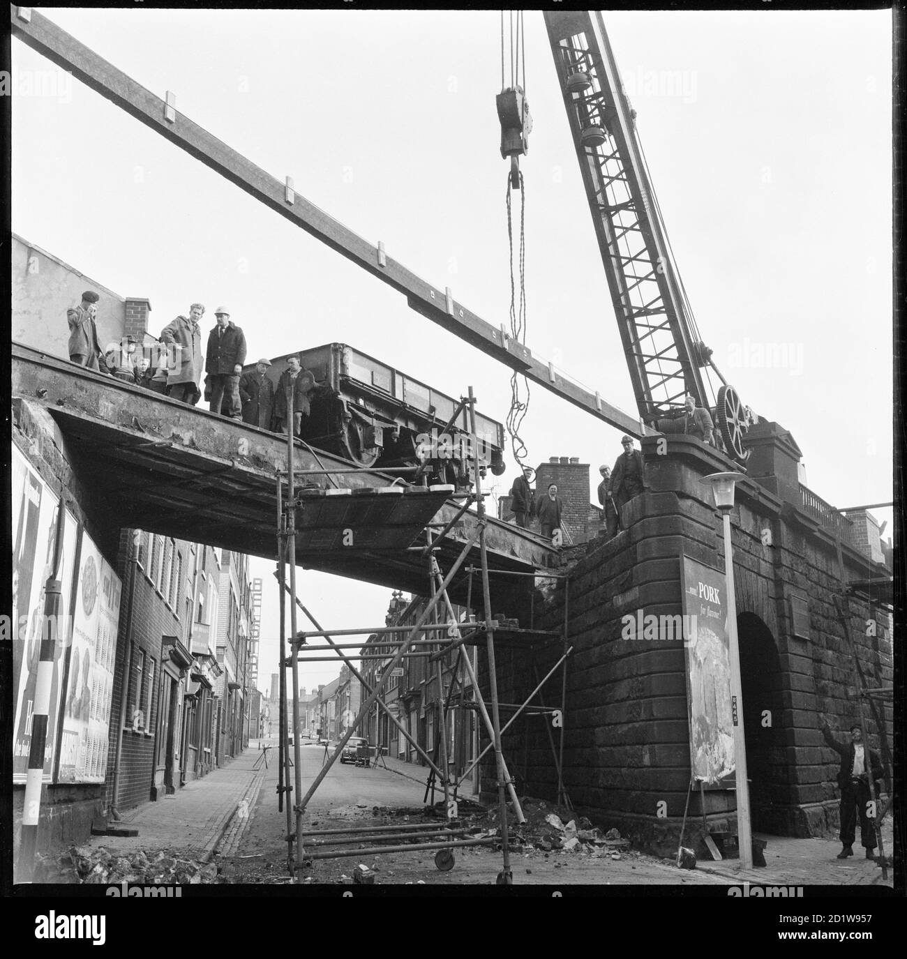 View looking towards Caroline Street from Times Square showing repair work being carried out on the bridge carrying the North Staffordshire Railway over the road. Stock Photo