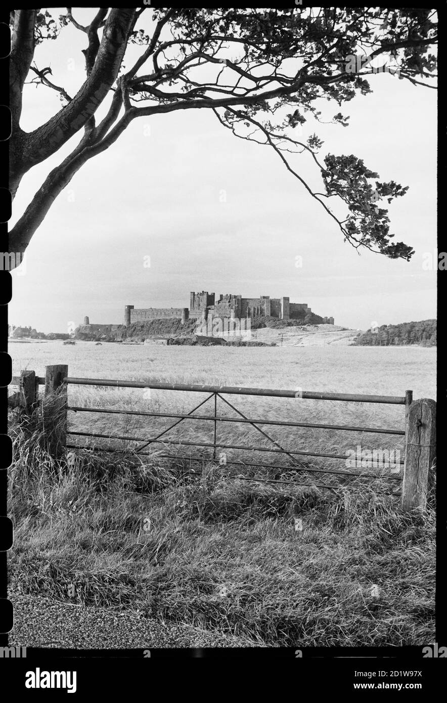 General view of Bamburgh Castle, seen from the south and showing the south and east sides of the curtain walls, with the keep in the centre of the site. Stock Photo