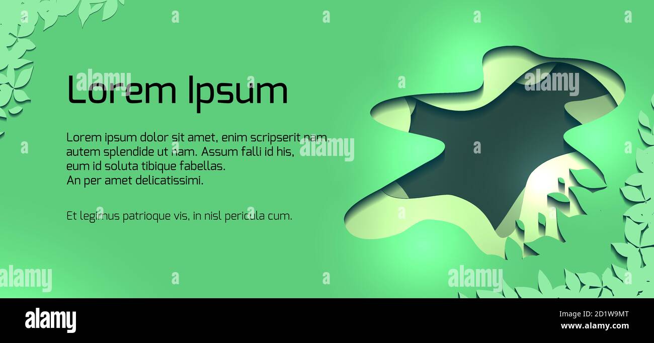 Horizontal banner with green 3d abstract waves, tree leaves cut out ...