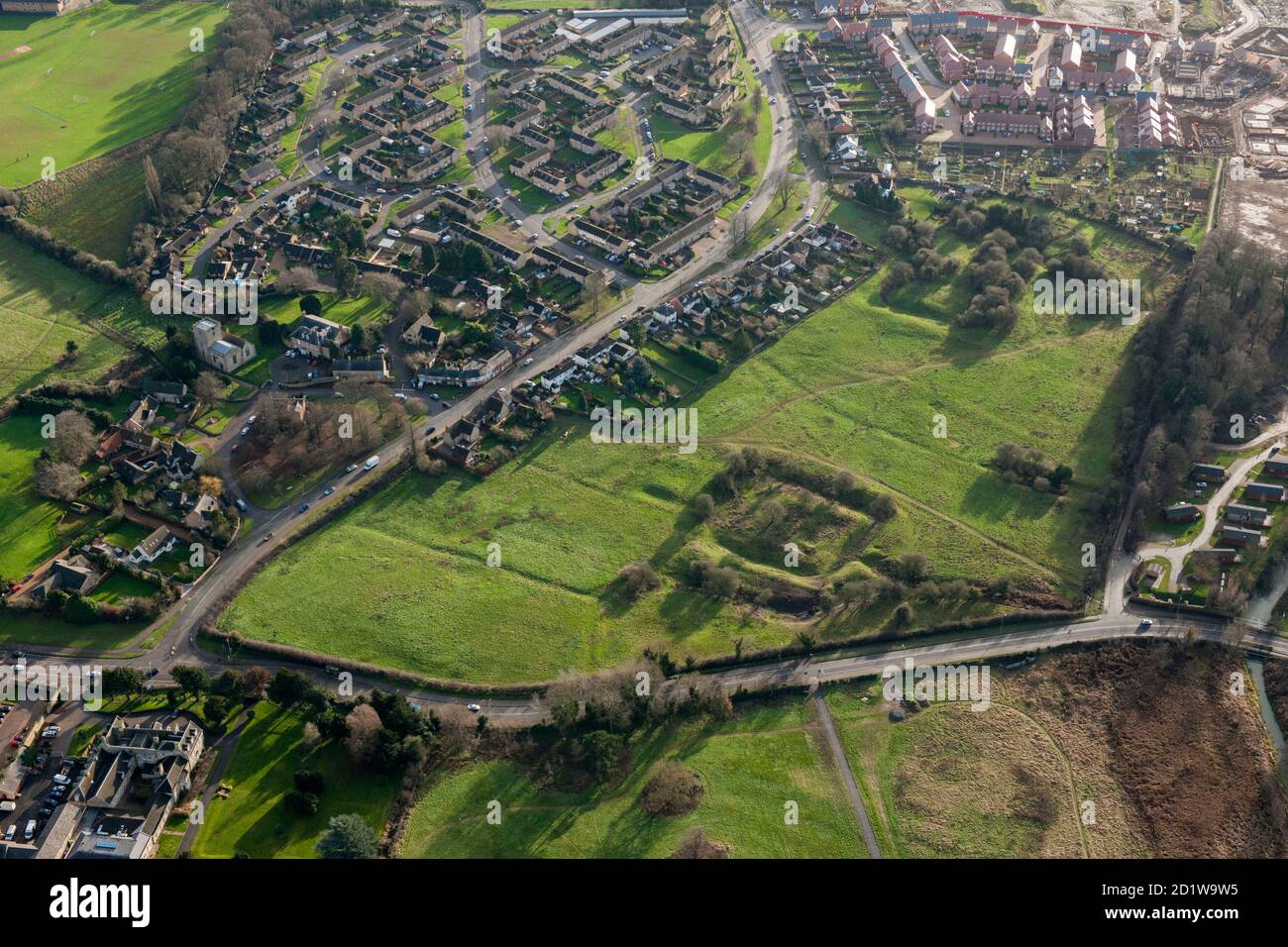Barton Seagrave moats, fishponds and shrunken medieval village remains, Northamptonshire, 2014. Aerial view. Stock Photo
