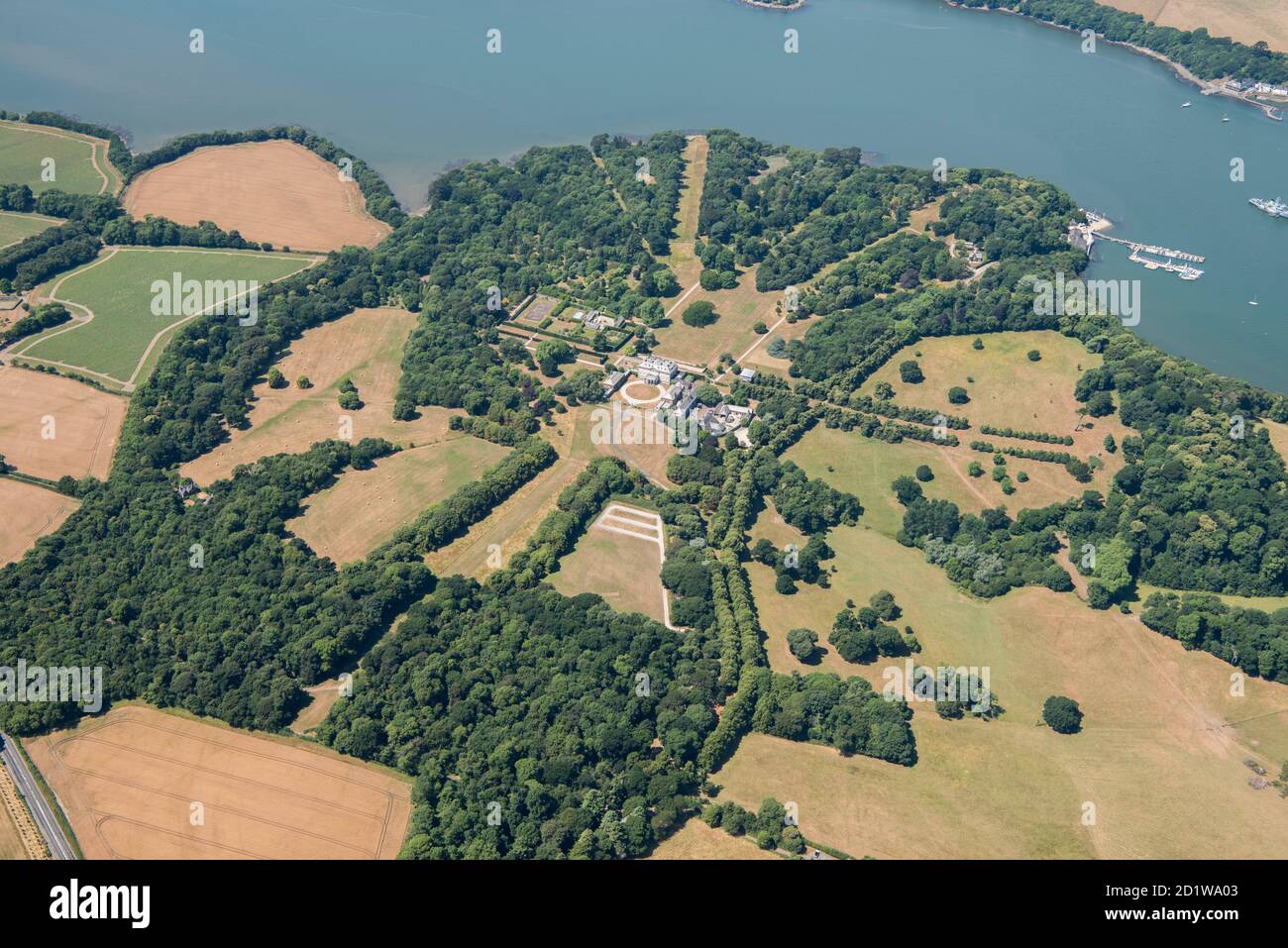 Antony Park, Cornwall. Landscape park and gardens designed by Humphry Repton at Antony Park, near Torpoint, Cornwall. Aerial view. Stock Photo