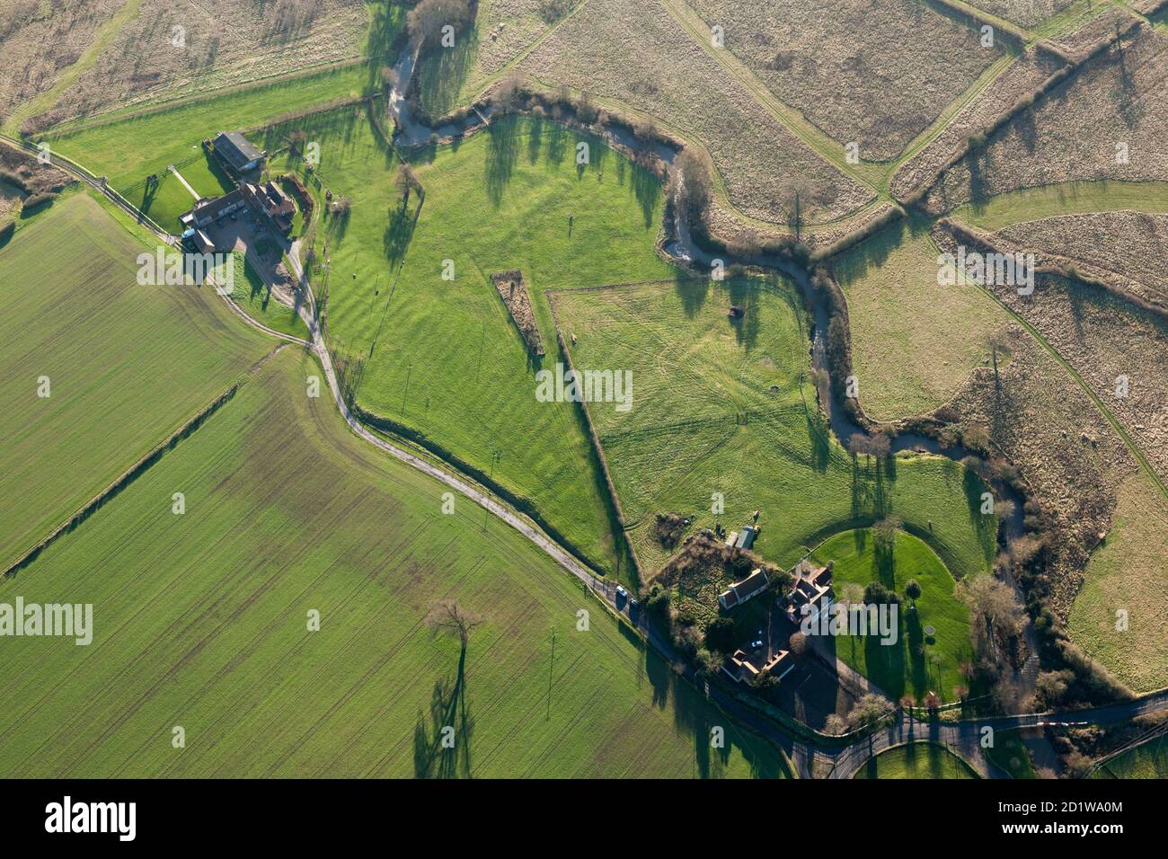 Spernall, Warwickshire. Ridge and furrow and the site of a deserted settlement at Spernall, Warwickshire. Aerial view. Stock Photo