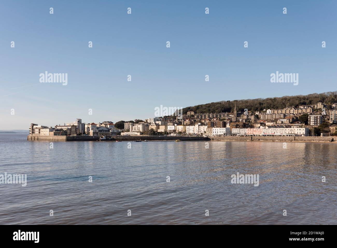 Knightstone Island, Weston-Super-Mare, North Somerset. General view looking north-west across Weston Bay towards Knightstone Island, at high tide. Stock Photo