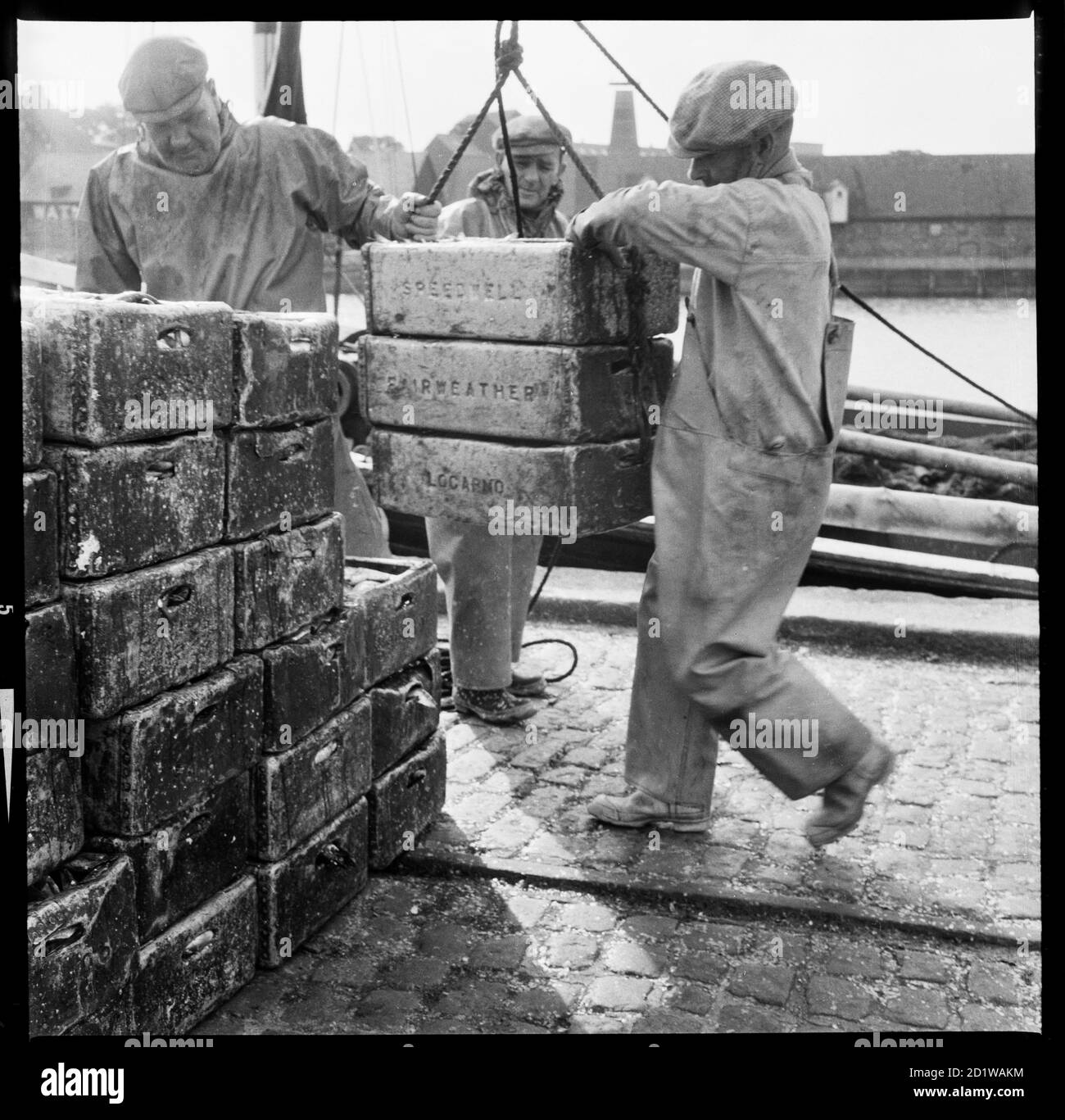 Great Yarmouth, Norfolk. Crates of fish being unloaded onto a quay at Great Yarmouth. Stock Photo