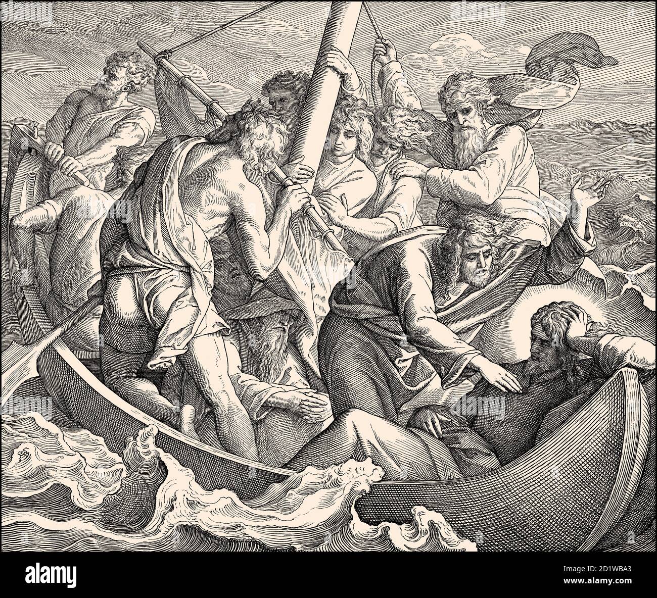 Jesus sleeps in boat during the storm, New Testament, by Julius Schnorr von Carolsfeld, 1860 Stock Photo