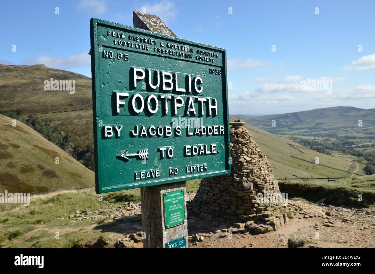 A sign fot the Jacob's Ladder footpath  in the Derbyshire Peak District in the Hope Valley Stock Photo