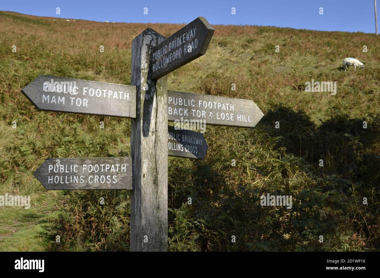 A footpath sign near Castleton in the Derbyshire Peak District with directions to Mam Tor and other local landmarks Stock Photo