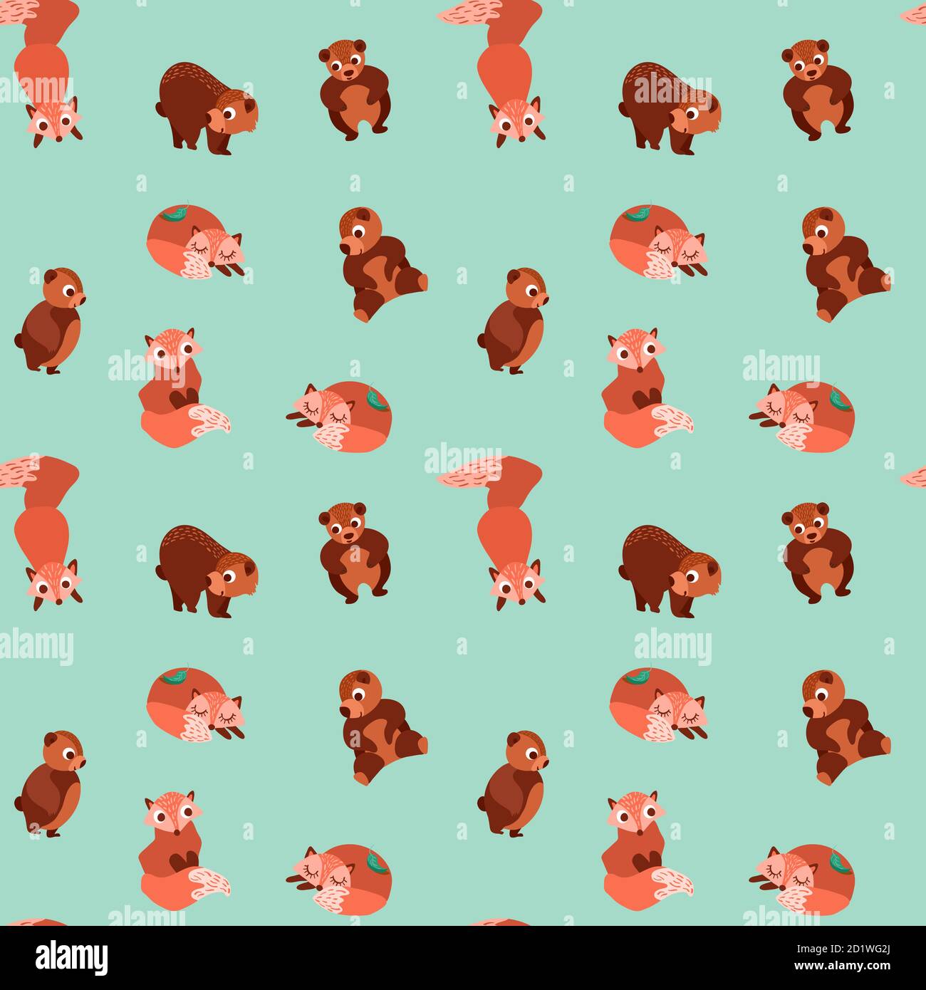Seamless pattern with bears and foxes. Cute woodland animals on green ...