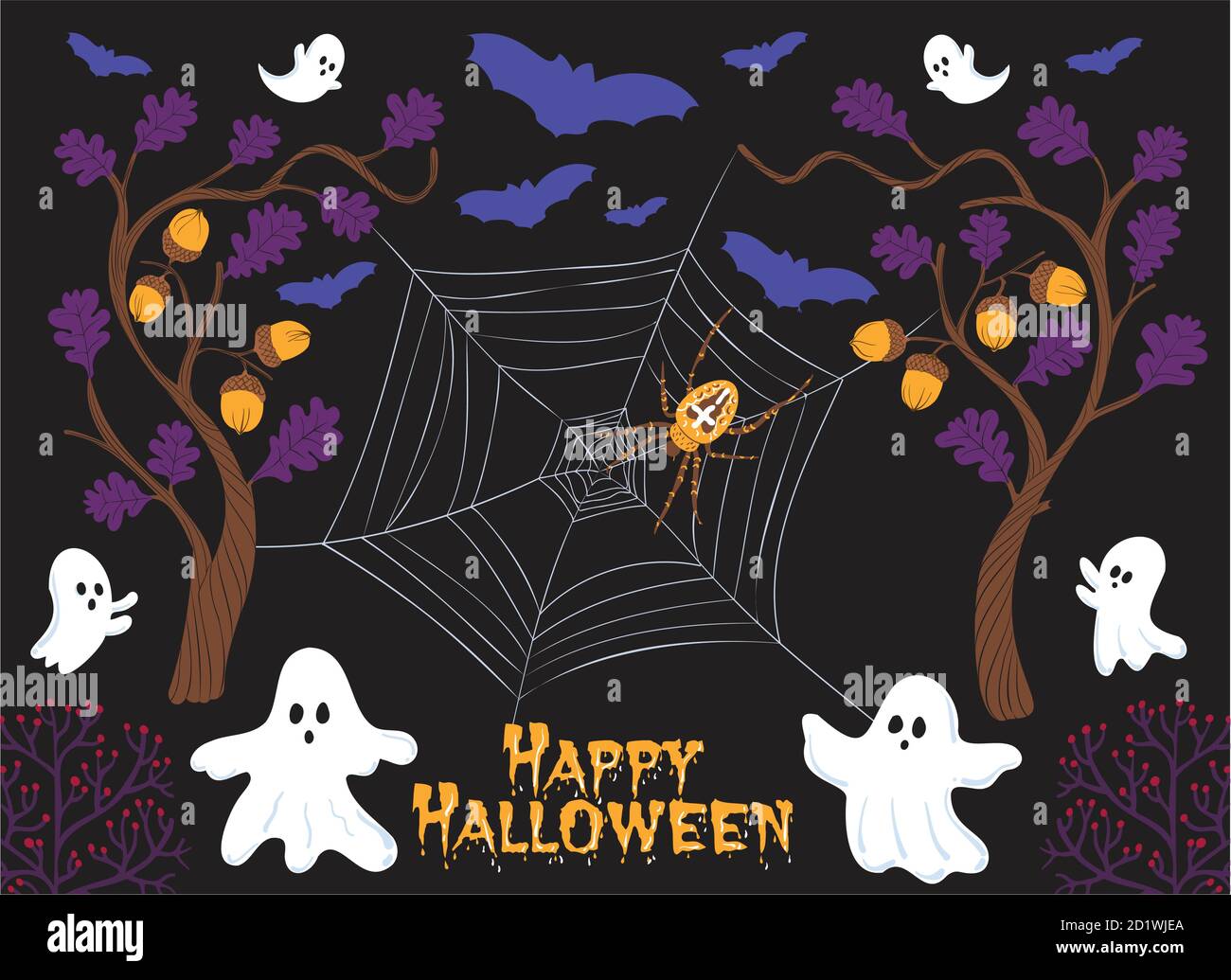 Happy Halloween party label/ invitation composition with bats, ghosts, spiders and spider net in a mystical forest before a black background. Vector Stock Vector