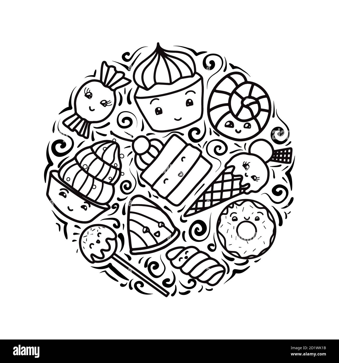 Set of contour child illustrations of cute, kawai sweets and confection. Vector elements for stickers, pins, badges and for your creativity. Stock Vector