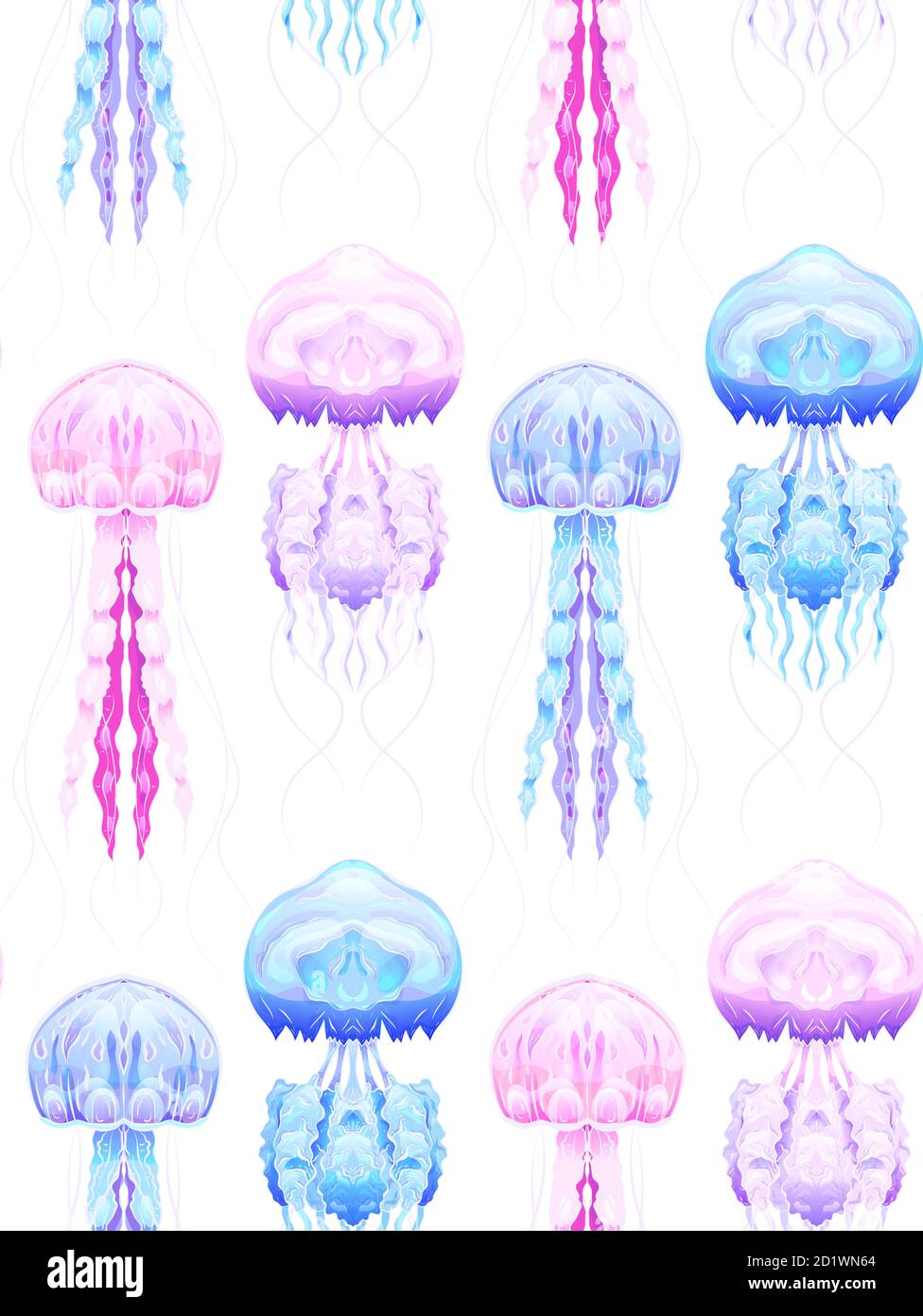 Seamless pattern with Neon jellyfish  on white background. Marine residents. Vector texture for fabrics, wallpapers and your creativity Stock Vector