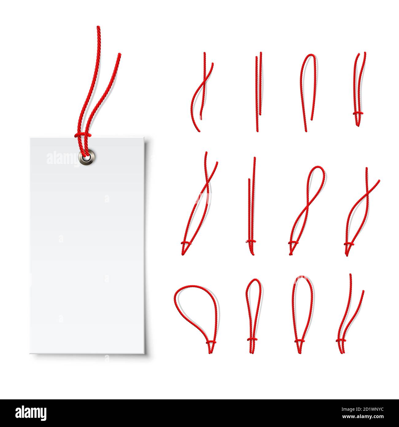 Empty white price tag with different red ropes tied set Stock Vector