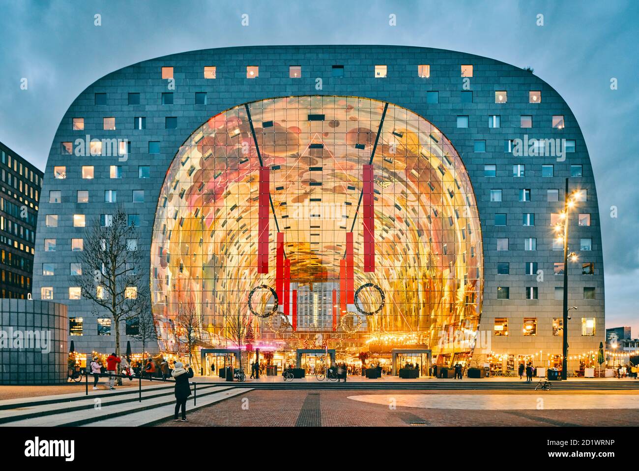 The Markthal or Market Hall in Rotterdam, Netherlands is a mixed use building with apartments and offices, with a market hall underneath. Opened in 2014.. Stock Photo