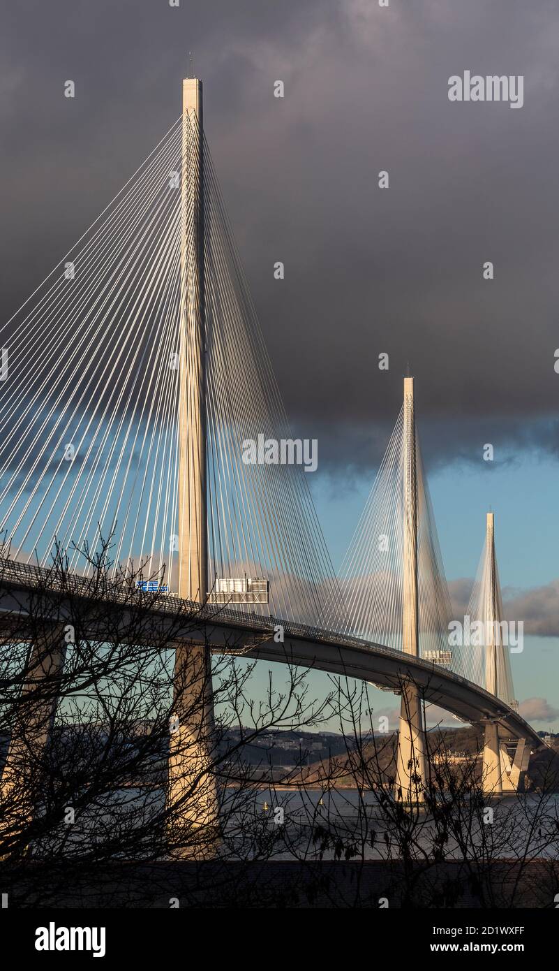 Queensferry Crossing, Scotland - a structure across the Firth of Forth, spans 1.7 miles (2.7km) making it the longest three-tower, cable-stayed bridge in the world. It opened to the public in August 2017. Stock Photo