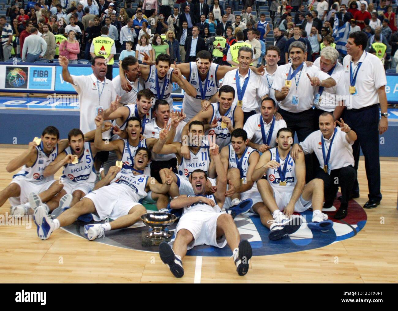 Greece players celebrate with trophy after winning final match of the European  basketball championship in Belgrade, Serbia & Montenegro September 25,  2005. Greece beat Germany 78-62 on Sunday to win their second