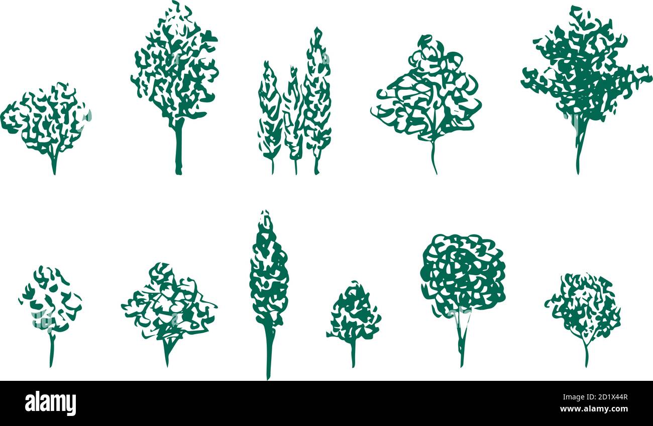 Fruit trees linocut vector set. Green silhouettes isolated on white Stock Vector