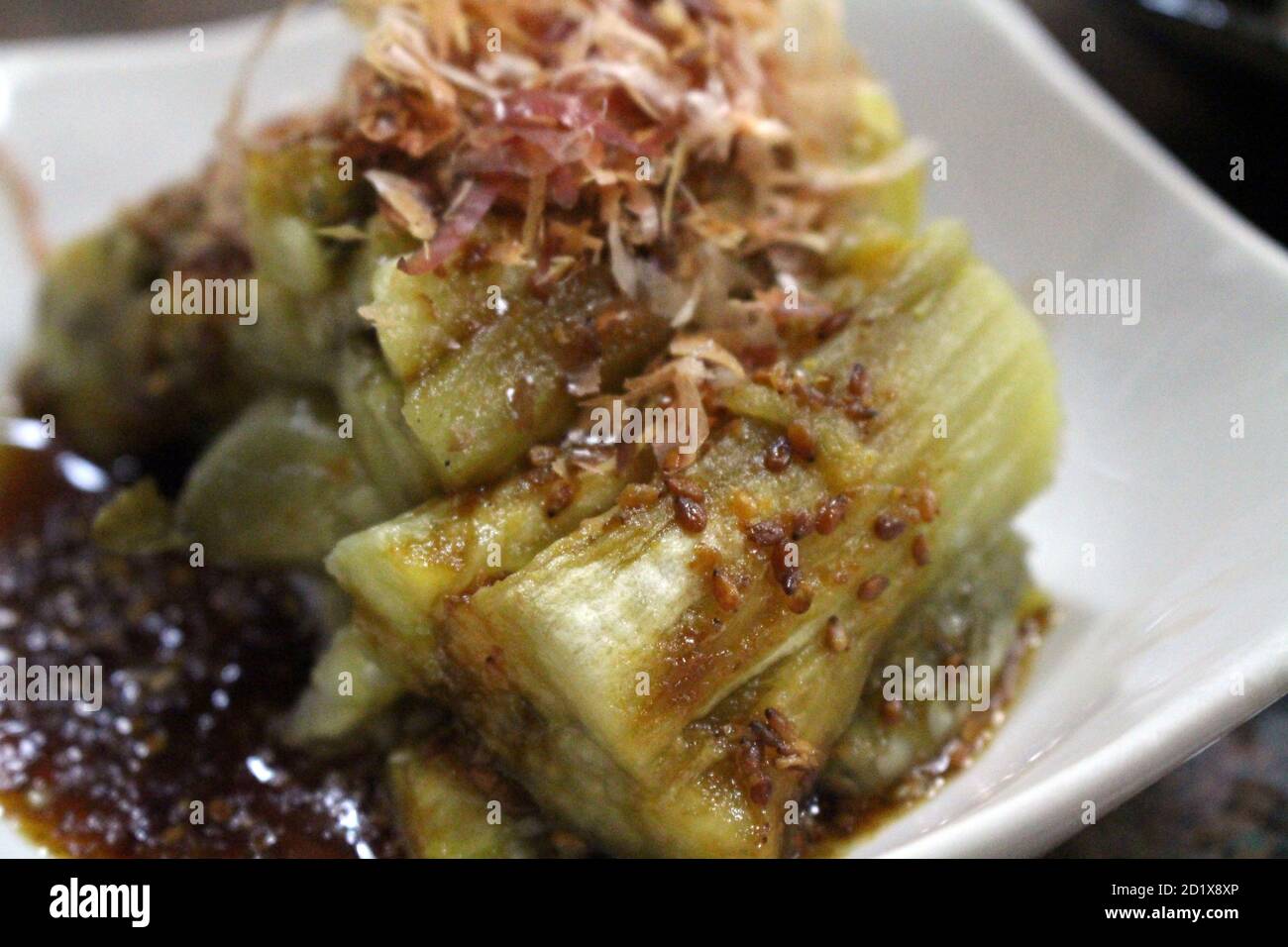 Eggplant and Katsuobushi dried fish bonito flakes on top. Taken in