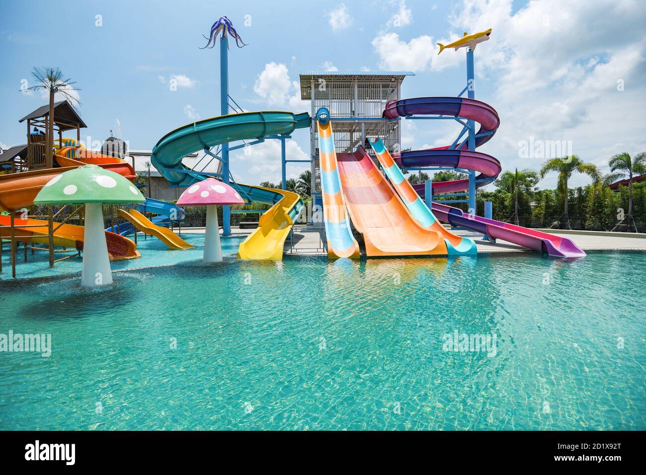 water park slide with swimming pool at amusement park / colored plastic  water slides with pool in outdoor aqua park Stock Photo - Alamy