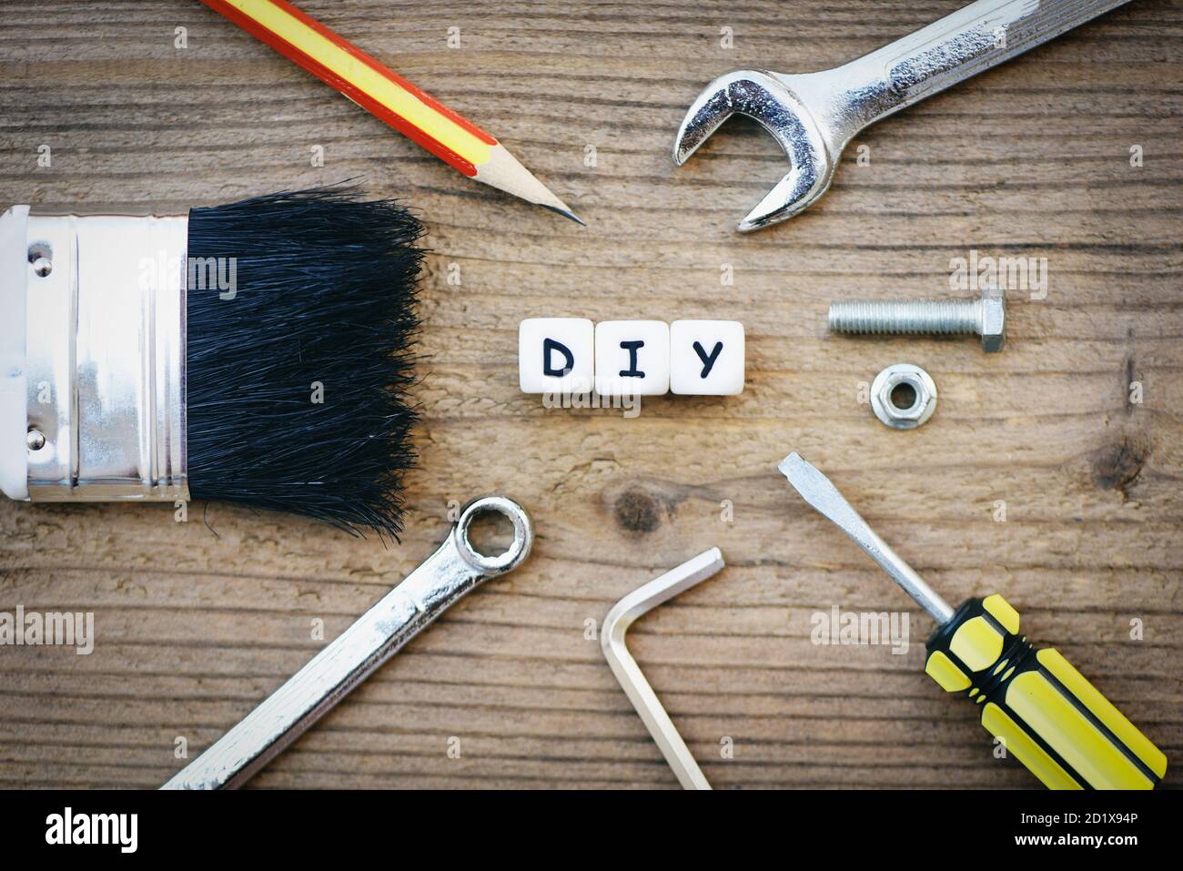 diy tools concept / Working tools with wrench screwdriver nuts and