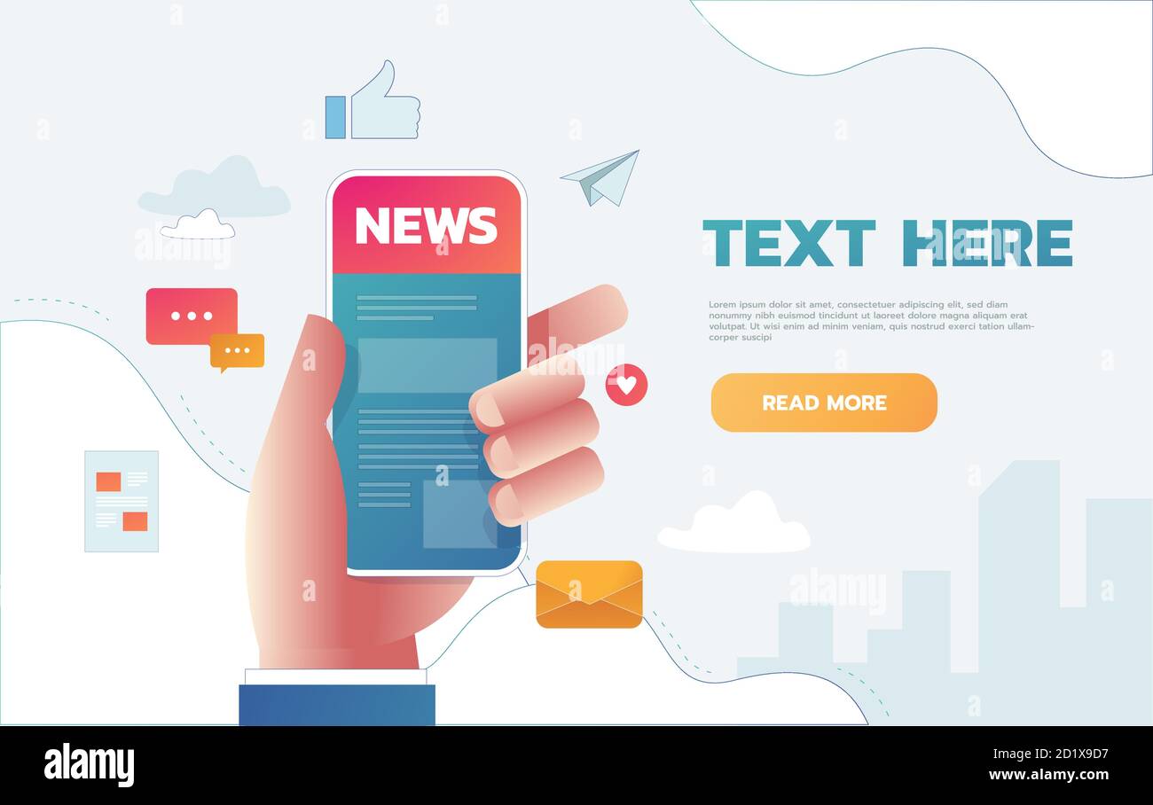Vector illustration of news app on smartphone screen. Online reading ...