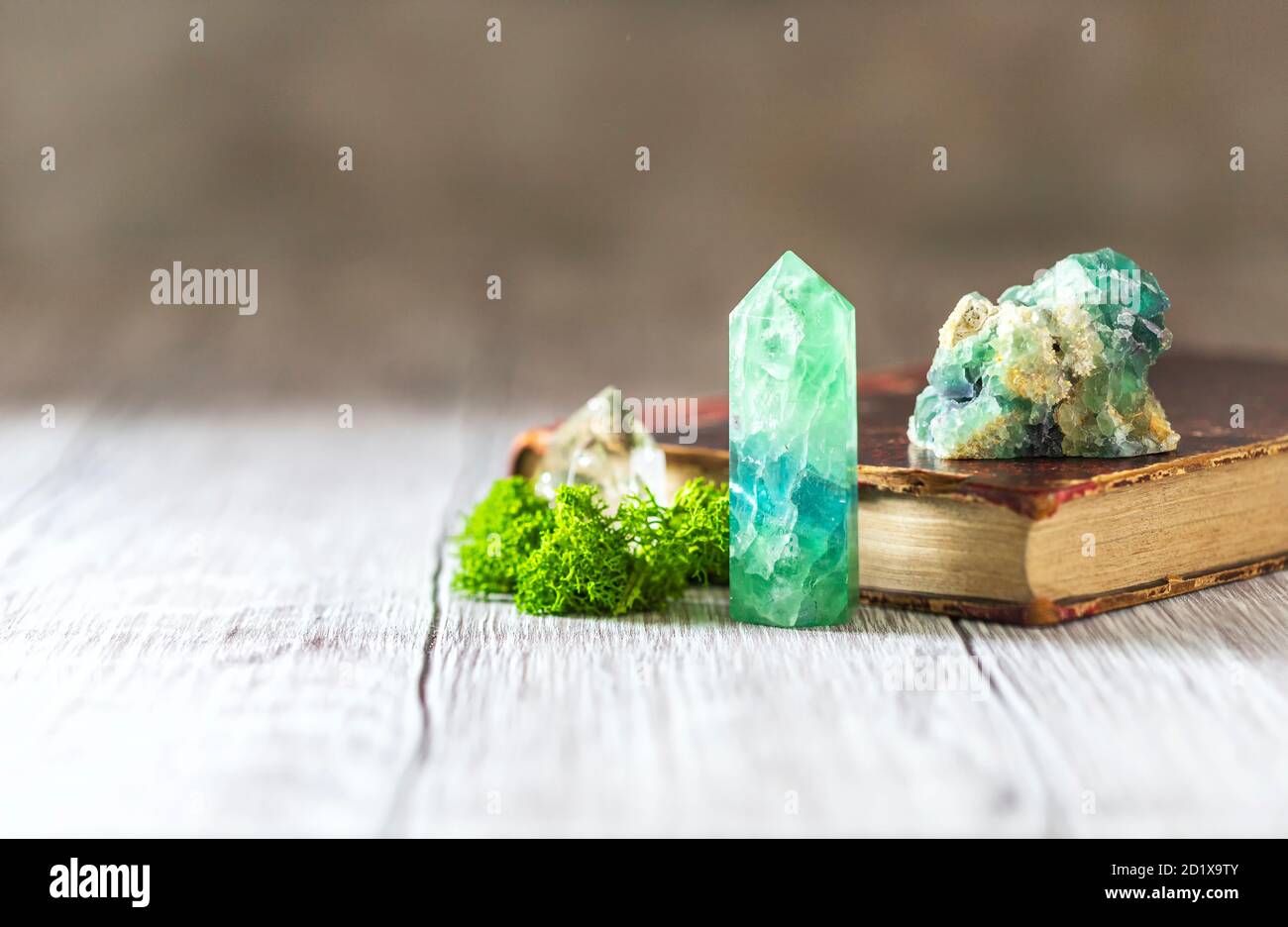 Old book and mineral stones crystals. Crystal Ritual, Healing Crystals