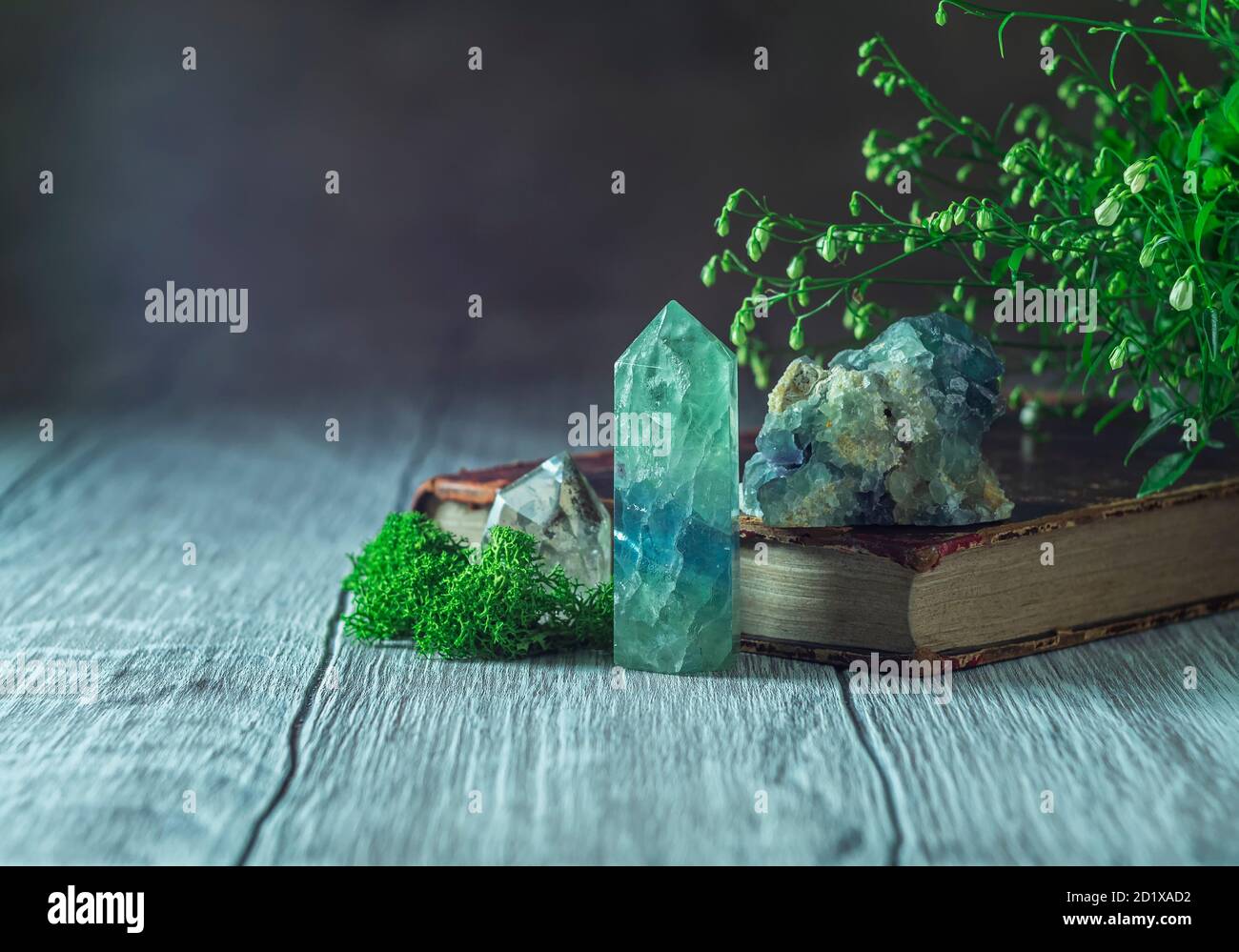 Old book and mineral stones crystals. Crystal Ritual, Healing Crystals