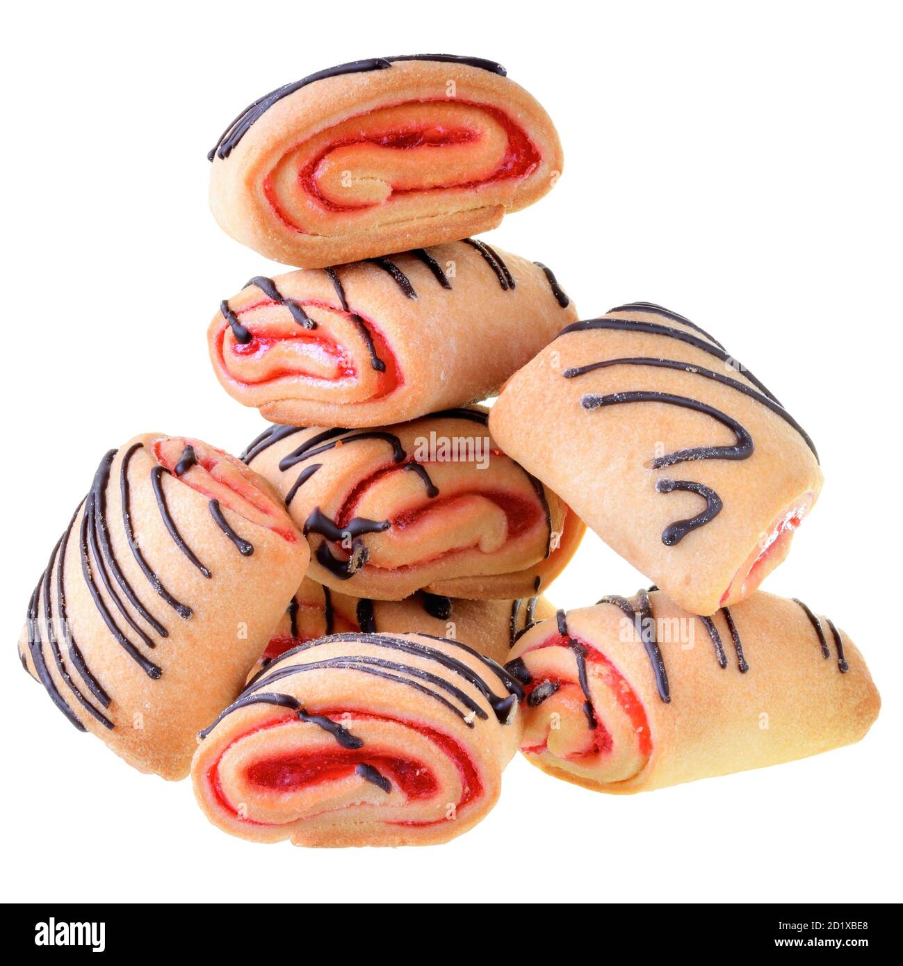 Cookies rolls with strawberry jam and chocolate icing isolated on a white background. Stock Photo