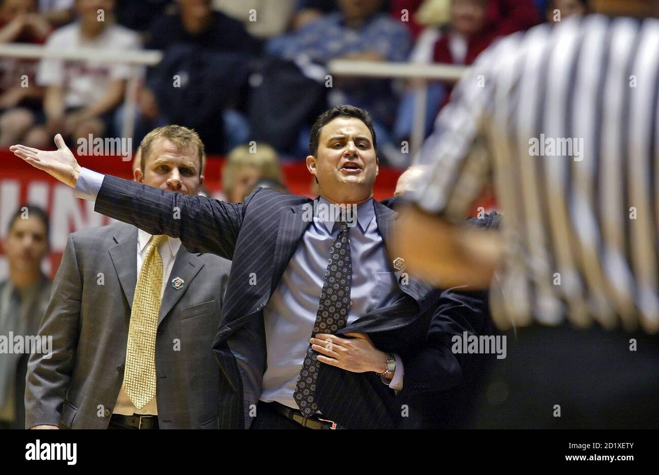 Xavier University Musketeers head coach Sean Miller complains to an  official about a call late in the second half of the first round of the  men's NCAA basketball tournament in Salt Lake