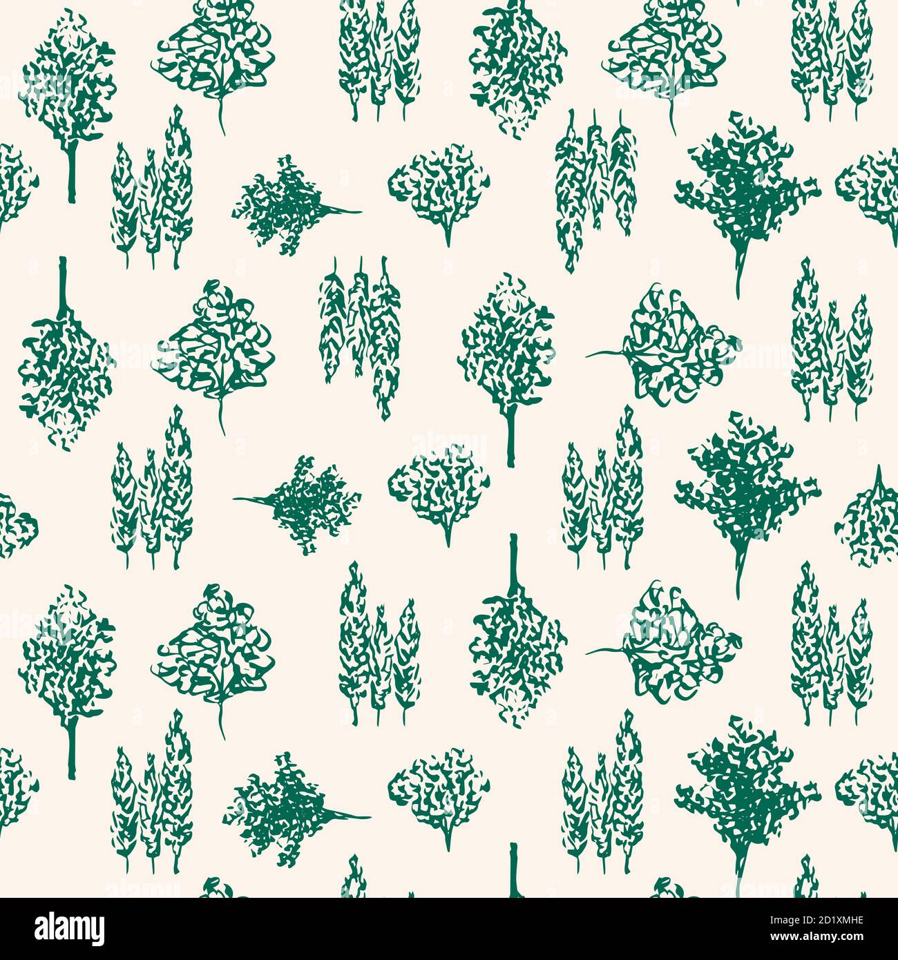 Green Trees Vector Hand Drawn Background. Forest seamless pattern for ...