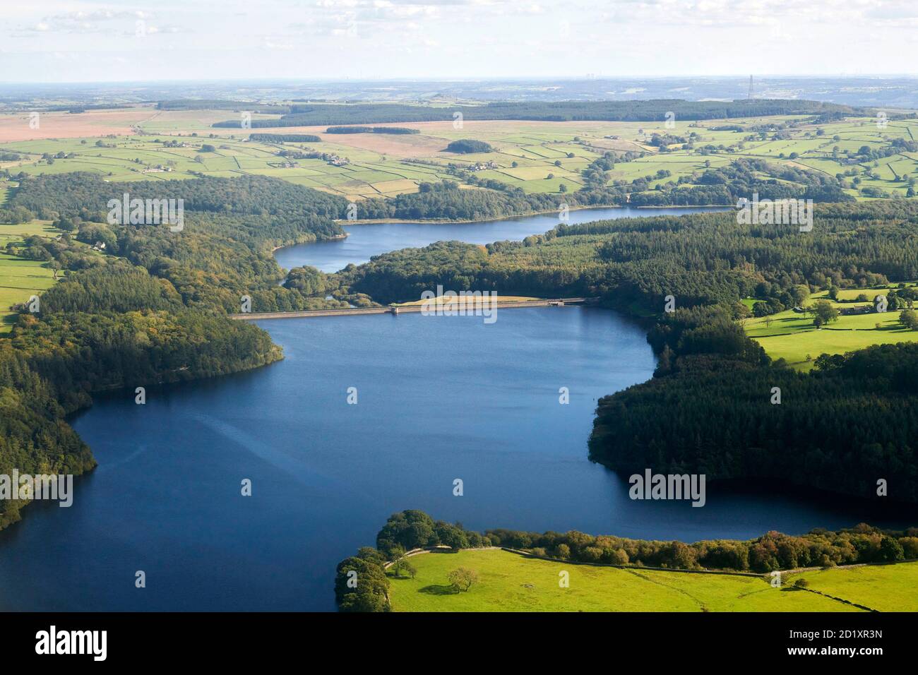 an aerial view of Fewston reservoir, North Yorkshire, northern England