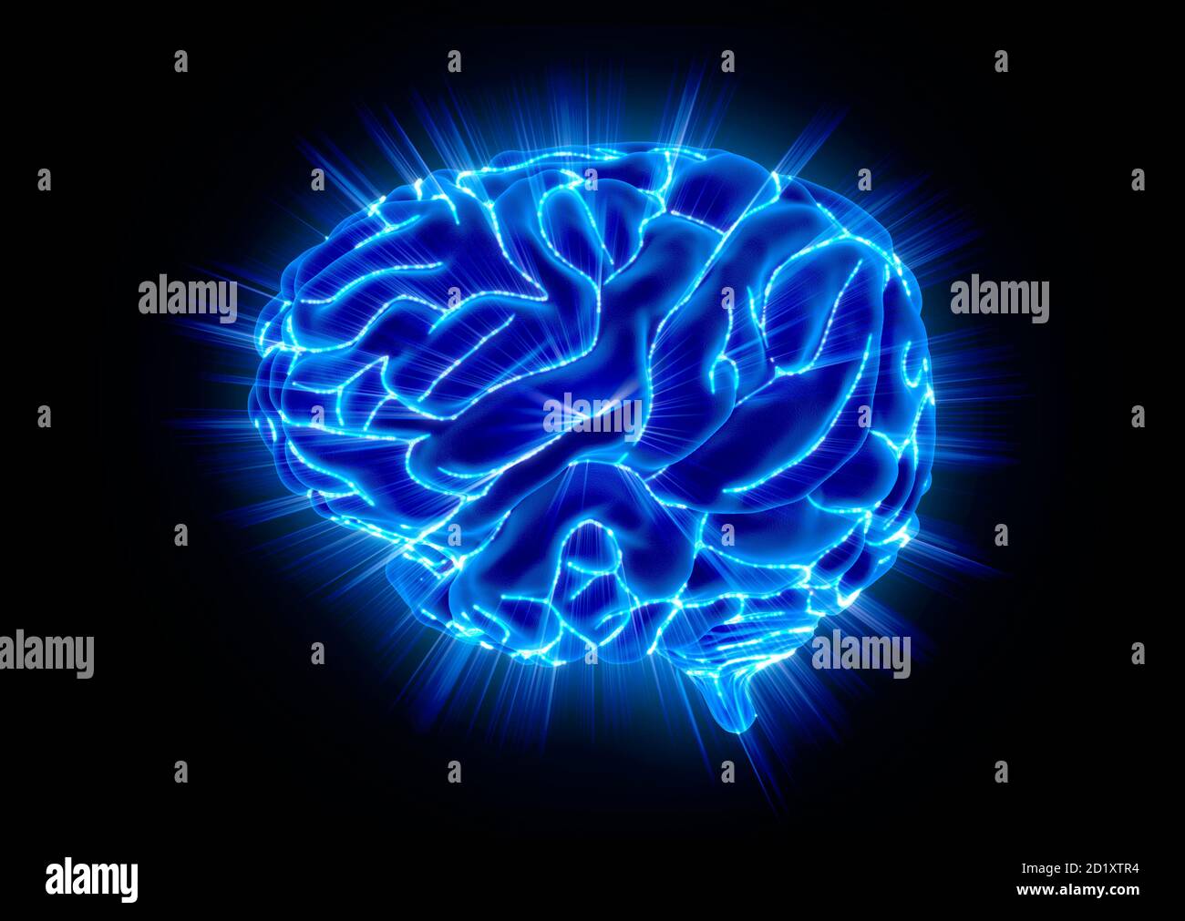 Glowing Human Brain isolated on Black Background. 3D illustration Stock Photo