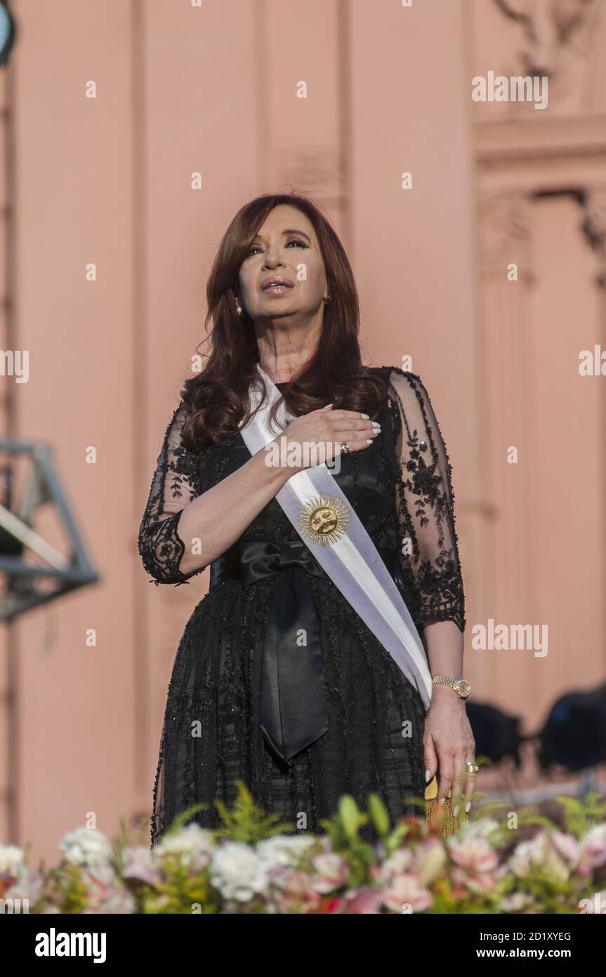 BUENOS AIRES, ARGENTINA - Dec 11, 2011: Former Argentinian President Cristina Fernandez reacts to a crowd of supporters during her second inauguration Stock Photo