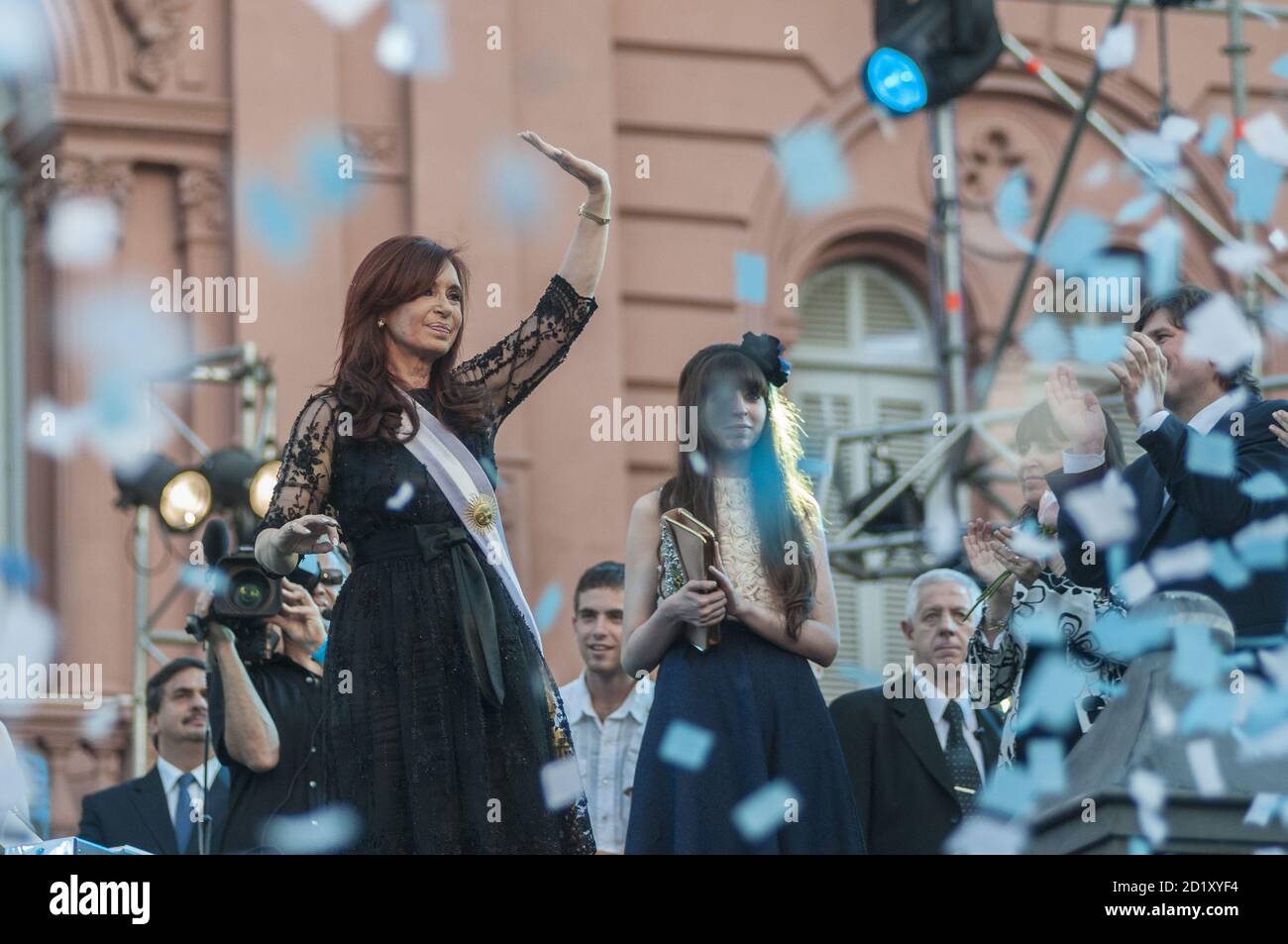 BUENOS AIRES, ARGENTINA - Dec 11, 2011: Former Argentinian President Cristina Fernandez reacts to a crowd of supporters during her second inauguration Stock Photo