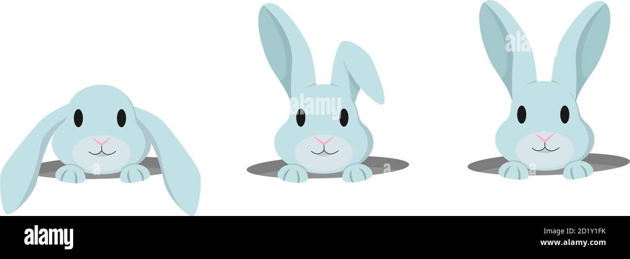 Rabbit peeps out of hole. Vector set of cute bunnies in cartoon style ...