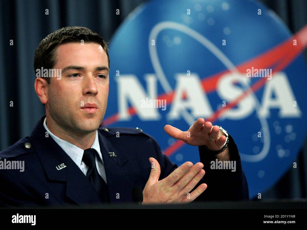 U.S. Air Force 1st Lt. Kaleb Nordgren of the 4th Weather Squadron speaks at the Kennedy Space Center in Cape Canaveral, Florida September 7, 2006. NASA has decided to launch the space shuttle Atlantis on September 8.  REUTERS/Rick Fowler  (UNITED STATES) Stock Photo