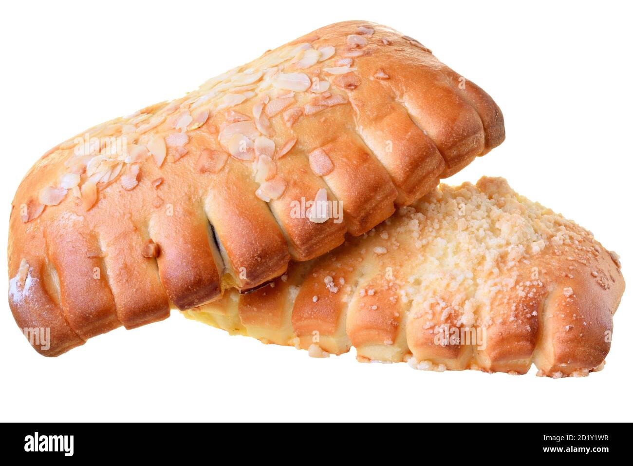Sweet bun with icing sugar and peanut chips isolated Stock Photo