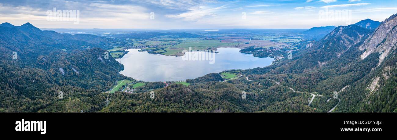 Kochelsee Lake Bavaria. Aerial Drone Panorama in Autumn. Beautiful view. Kochel, Bavaria, Germany Stock Photo