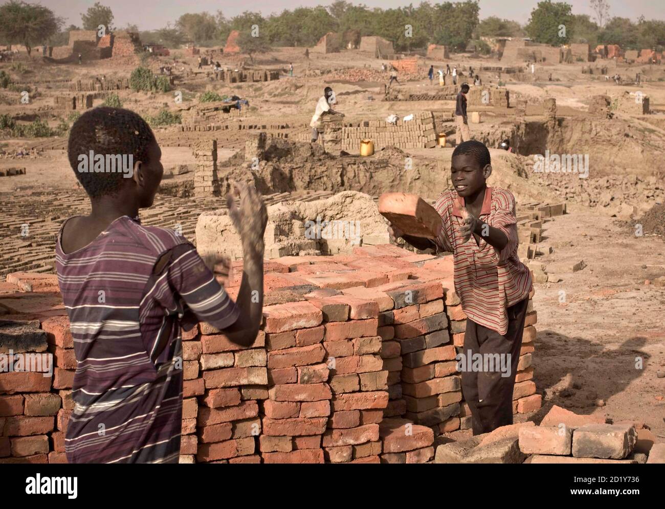 Boys toss bricks for stacking at a riverside factory where mud is fired in kilns to produce building materials on the outskirts of Chad's capital N'Djamena, May 31 2008. Many children are used as cheap labour to transport bricks. REUTERS/Finbarr O'Reilly (CHAD) Stock Photo