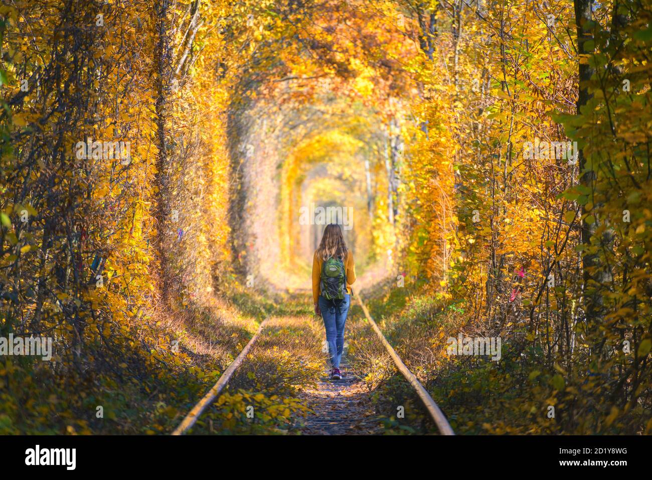 Young woman walking on the railroad in tunnel of trees in autumn Stock Photo