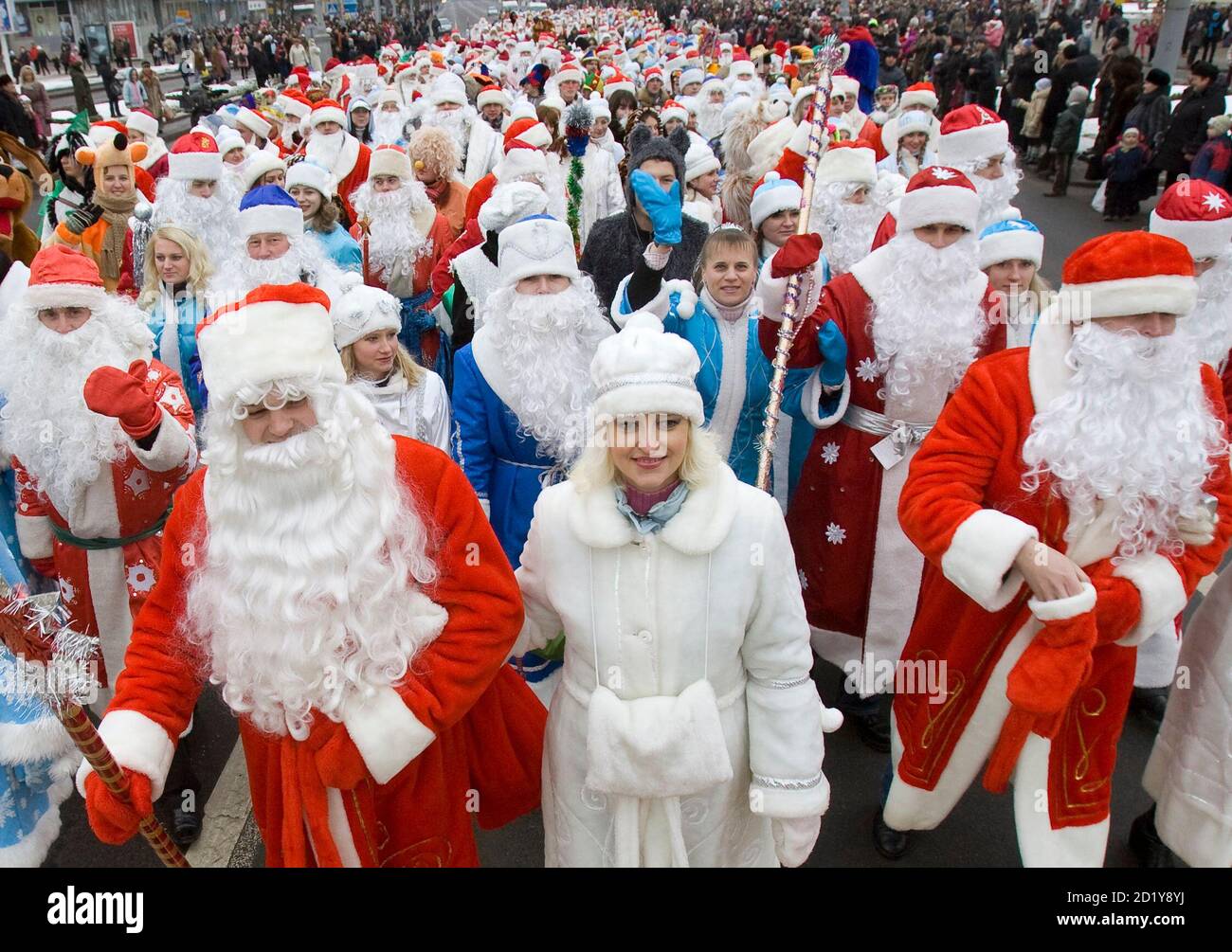 Maiden Christmas Parade 2022 People Dressed As Father Frost, The Equivalent Of Santa Claus, And Snow  Maiden March In The Centre Of Minsk December 25, 2008. Most Belarussians  Traditionally Celebrate The Coming Of The New Year